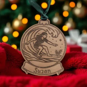 Personalised Female Surfing Christmas Bauble
