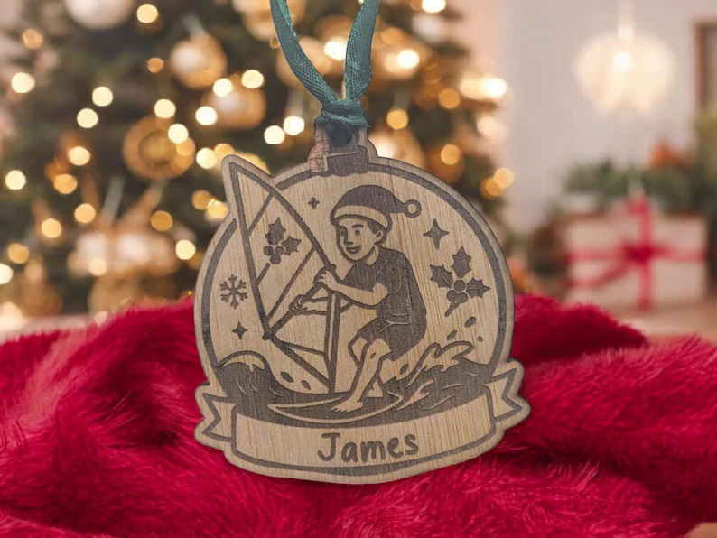 Personalised Wooden Male Windsurfing Christmas Bauble