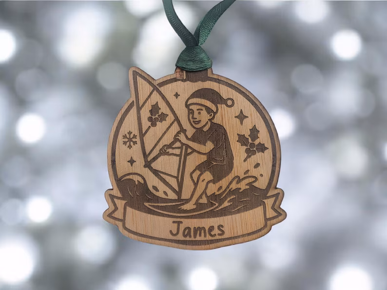 Personalised Wooden Male Windsurfing Christmas Bauble - Image 2